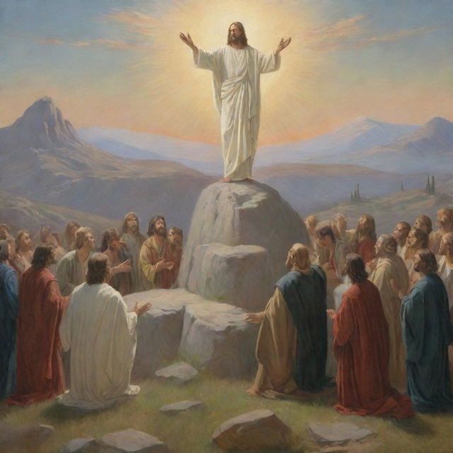 A Carl H. Bloch-style portrayal of Christ imparting the Sermon on the Mount, embodying tranquility, divine wisdom and commanding attention from followers.