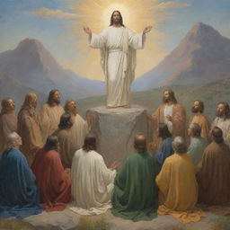 A Carl H. Bloch-style portrayal of Christ imparting the Sermon on the Mount, embodying tranquility, divine wisdom and commanding attention from followers.