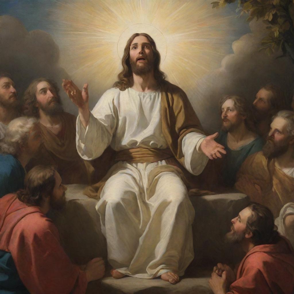 A Baroque realism-styled depiction of Christ conveying the Sermon on the Mount, radiating serene enlightenment with a focus on vivid details and dramatic light-play.