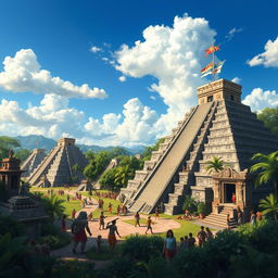 An artistic representation of the ancient Maya civilization, showcasing a bustling city scene with intricately detailed pyramid structures, lush jungle surroundings, and vibrant ceremonial activities