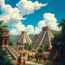 An artistic representation of the ancient Maya civilization, showcasing a bustling city scene with intricately detailed pyramid structures, lush jungle surroundings, and vibrant ceremonial activities