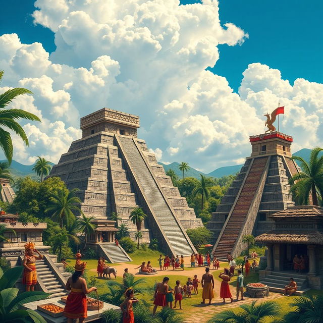 An artistic representation of the ancient Maya civilization, showcasing a bustling city scene with intricately detailed pyramid structures, lush jungle surroundings, and vibrant ceremonial activities