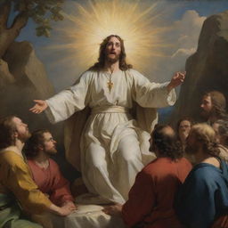 A Baroque realism-styled depiction of Christ conveying the Sermon on the Mount, radiating serene enlightenment with a focus on vivid details and dramatic light-play.