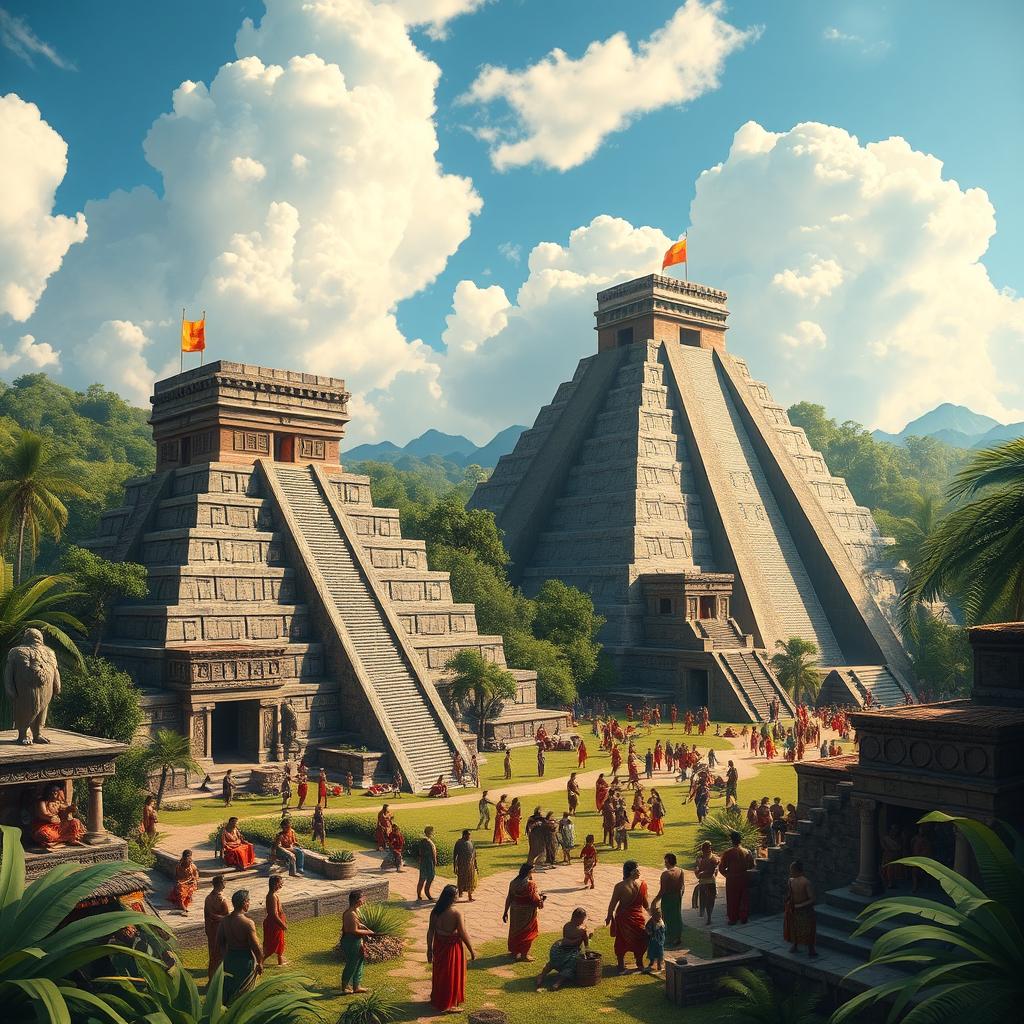 An artistic representation of the ancient Maya civilization, showcasing a bustling city scene with intricately detailed pyramid structures, lush jungle surroundings, and vibrant ceremonial activities