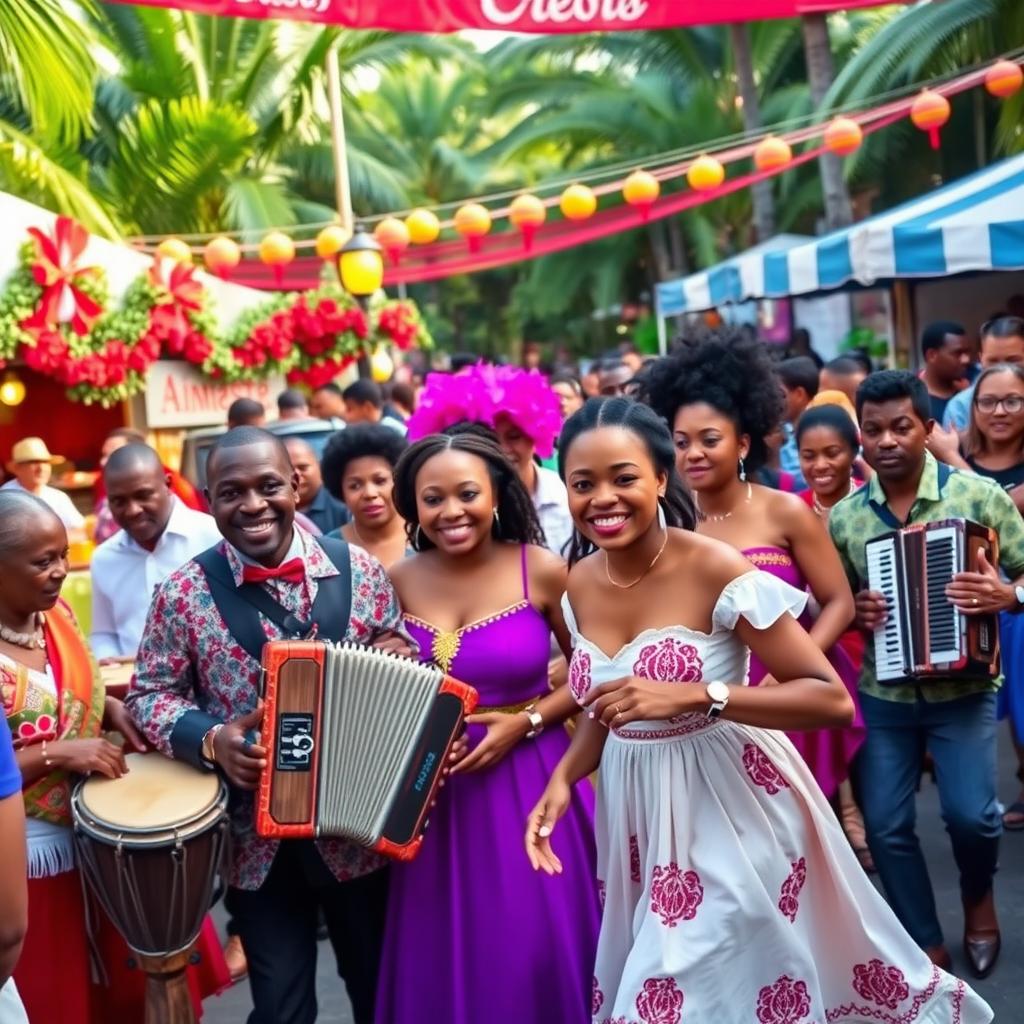 A vibrant and colorful celebration showcasing Creole culture, featuring a diverse group of Creole people dressed in traditional attire, gathered at a lively outdoor festival