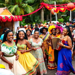 A vibrant and colorful celebration showcasing Creole culture, featuring a diverse group of Creole people dressed in traditional attire, gathered at a lively outdoor festival