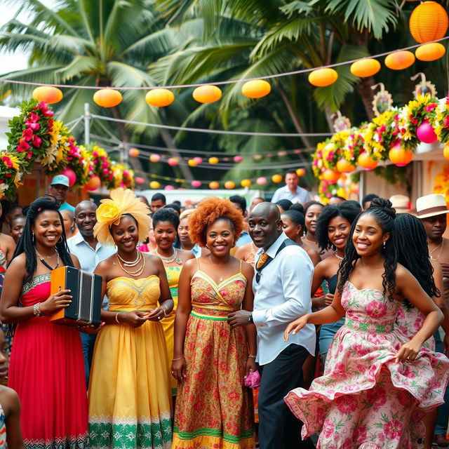 A vibrant and colorful celebration showcasing Creole culture, featuring a diverse group of Creole people dressed in traditional attire, gathered at a lively outdoor festival