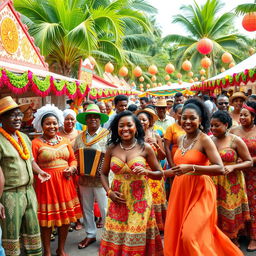 A vibrant and colorful celebration showcasing Creole culture, featuring a diverse group of Creole people dressed in traditional attire, gathered at a lively outdoor festival