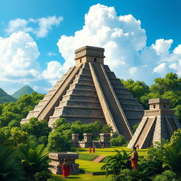 An artistic representation of the ancient Maya civilization, showcasing their impressive pyramids and temples surrounded by lush green jungles