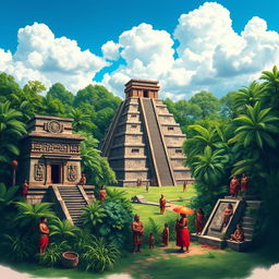 An artistic representation of the ancient Maya civilization, showcasing their impressive pyramids and temples surrounded by lush green jungles
