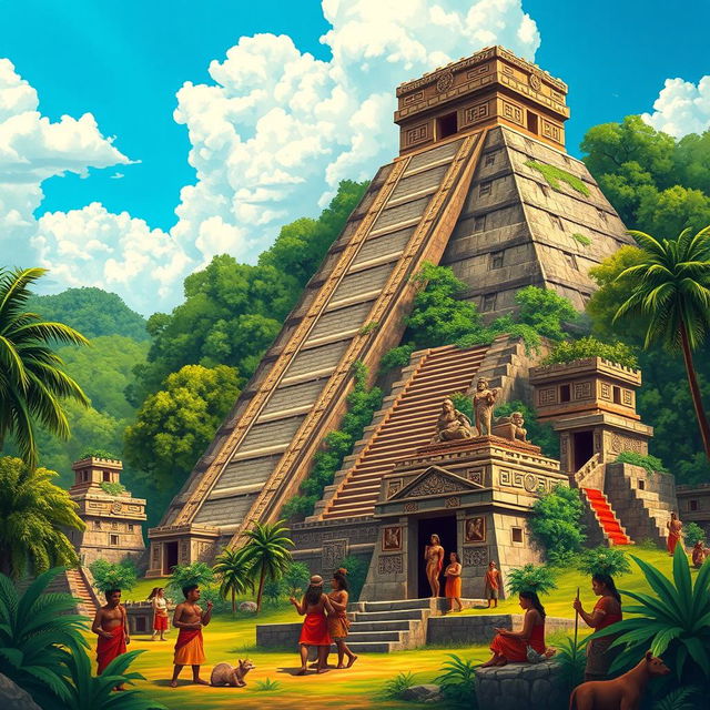 An artistic representation of the ancient Maya civilization, showcasing their impressive pyramids and temples surrounded by lush green jungles