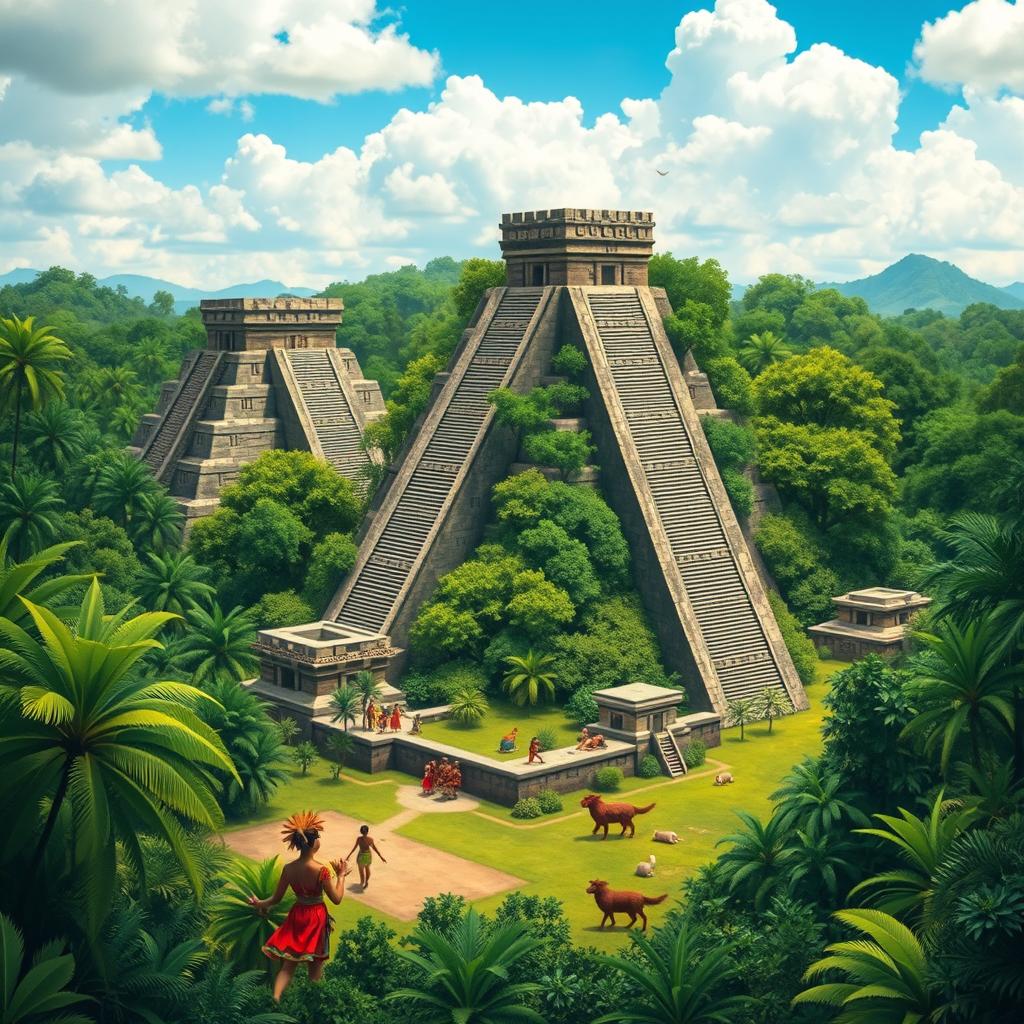 An artistic representation of the ancient Maya civilization, showcasing their impressive pyramids and temples surrounded by lush green jungles