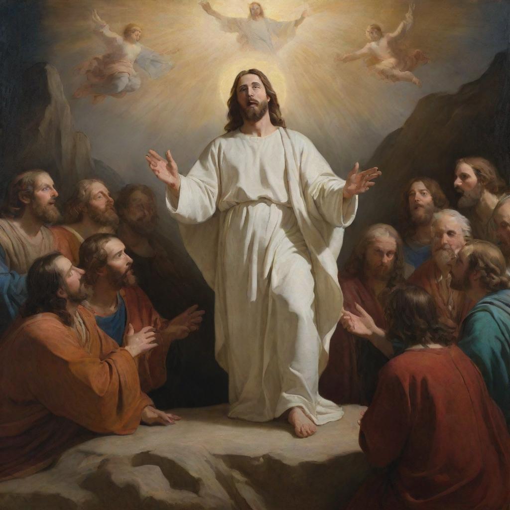 A Baroque realism-styled depiction of Christ conveying the Sermon on the Mount, radiating serene enlightenment with a focus on vivid details and dramatic light-play.