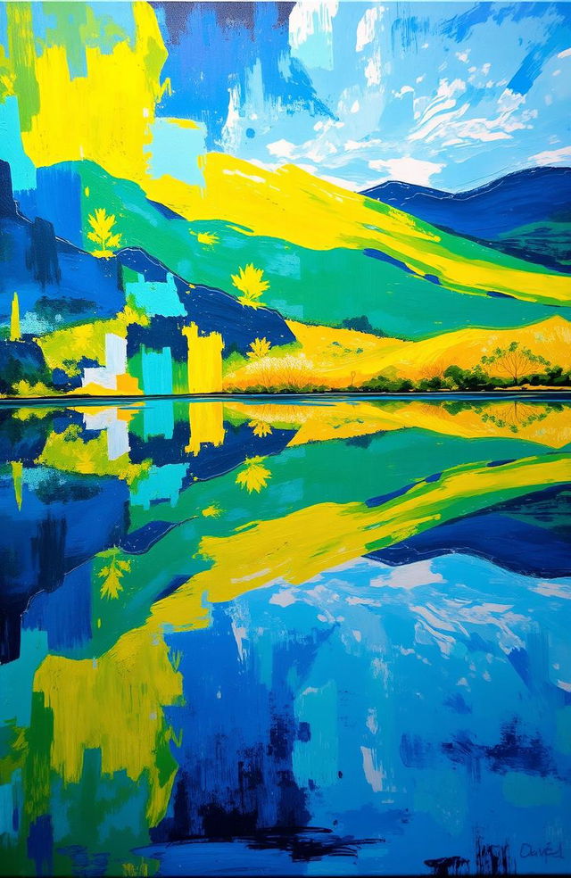 A mesmerizing abstract painting featuring a vibrant interplay of colors and shapes, reflecting the surrounding scenery like a mirror