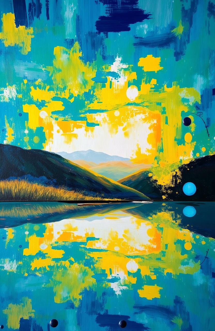 A mesmerizing abstract painting featuring a vibrant interplay of colors and shapes, reflecting the surrounding scenery like a mirror