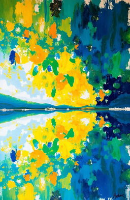 A mesmerizing abstract painting featuring a vibrant interplay of colors and shapes, reflecting the surrounding scenery like a mirror