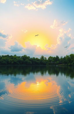 A beautiful canvas reflection on a tranquil lake, showcasing vibrant colors of a golden sunset blending into soft pastel hues