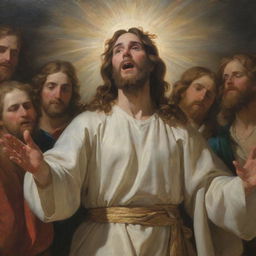 A Baroque realism-styled depiction of Christ conveying the Sermon on the Mount, radiating serene enlightenment with a focus on vivid details and dramatic light-play.