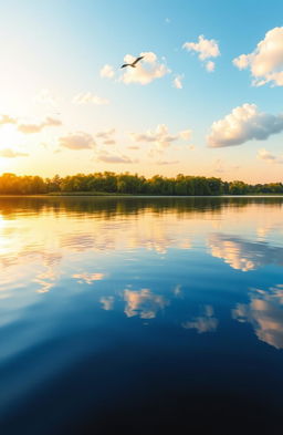 A beautiful canvas reflection on a tranquil lake, showcasing vibrant colors of a golden sunset blending into soft pastel hues