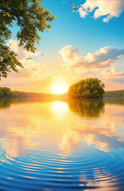 A beautiful canvas reflection on a tranquil lake, showcasing vibrant colors of a golden sunset blending into soft pastel hues