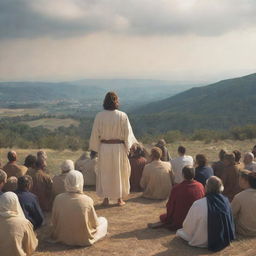 A visually compelling imagery of Christ, teaching the Sermon on the Mount, radiating wisdom and inner peace to a captivated audience.