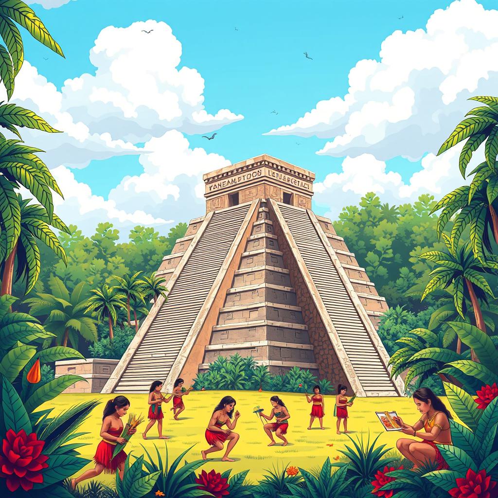 A vibrant and detailed illustration depicting the historical achievements of the Maya civilization