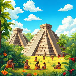 A vibrant and detailed illustration depicting the historical achievements of the Maya civilization