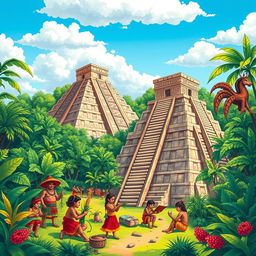 A vibrant and detailed illustration depicting the historical achievements of the Maya civilization