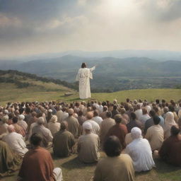 A visually compelling imagery of Christ, teaching the Sermon on the Mount, radiating wisdom and inner peace to a captivated audience.