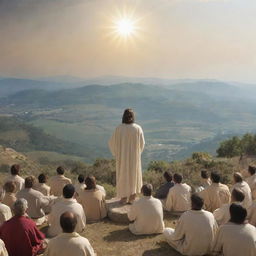 A visually compelling imagery of Christ, teaching the Sermon on the Mount, radiating wisdom and inner peace to a captivated audience.