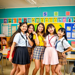 High school girls posing playfully in a vibrant school setting, wearing stylish uniforms with a focus on their fashion choices