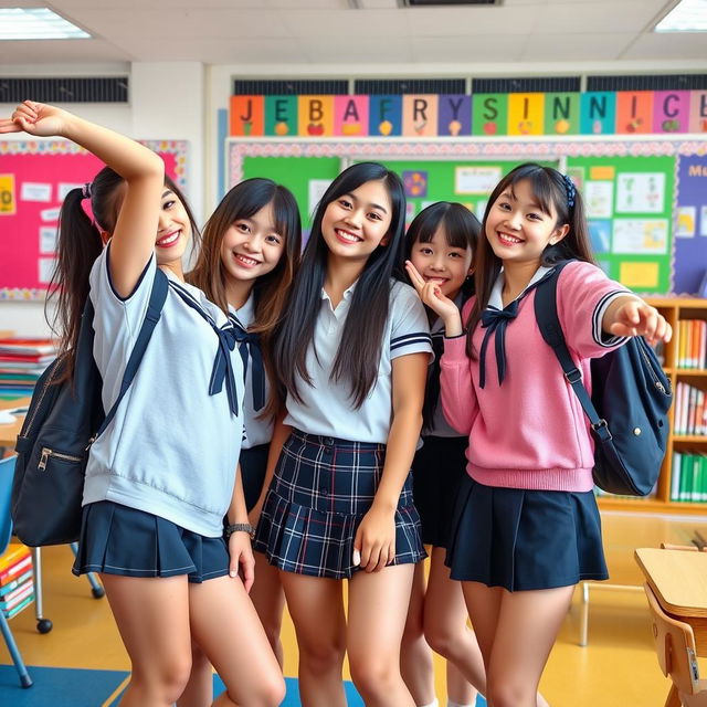 High school girls posing playfully in a vibrant school setting, wearing stylish uniforms with a focus on their fashion choices