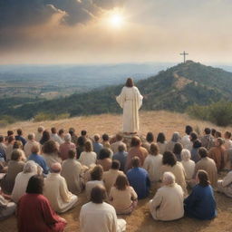 A visually compelling imagery of Christ, teaching the Sermon on the Mount, radiating wisdom and inner peace to a captivated audience.