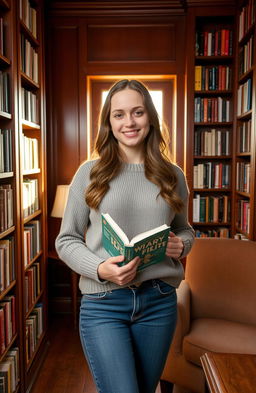 A young woman named Mary standing in a cozy, warmly lit library, holding a book with a soft smile on her face