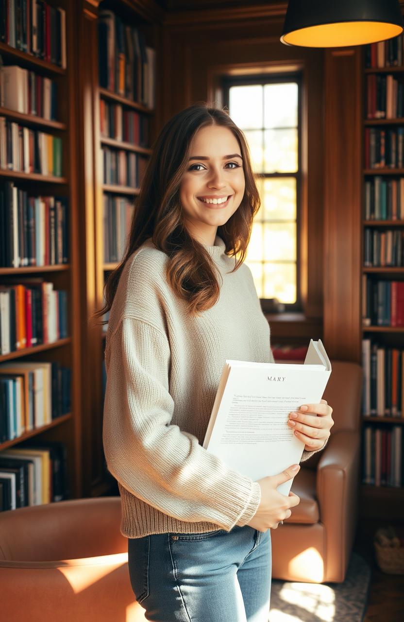 A young woman named Mary standing in a cozy, warmly lit library, holding a book with a soft smile on her face