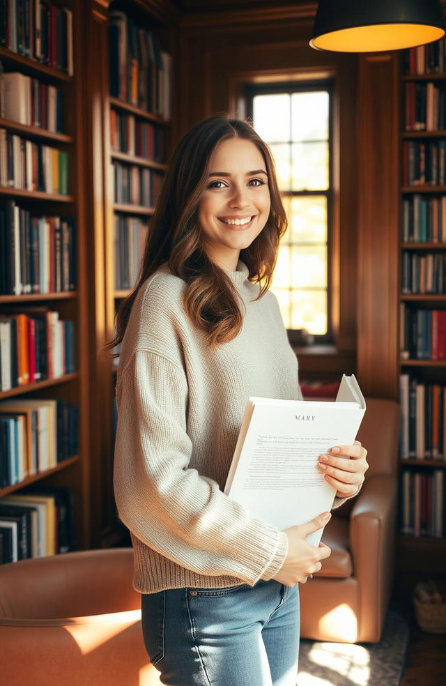 A young woman named Mary standing in a cozy, warmly lit library, holding a book with a soft smile on her face