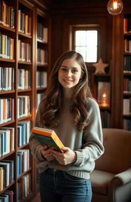 A young woman named Mary standing in a cozy, warmly lit library, holding a book with a soft smile on her face