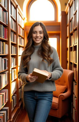 A young woman named Mary standing in a cozy, warmly lit library, holding a book with a soft smile on her face