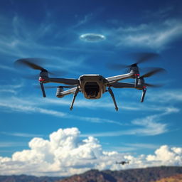 A captivating scene depicting a high-tech drone flying above a picturesque landscape, capturing the essence of mystery inspired by UFOs
