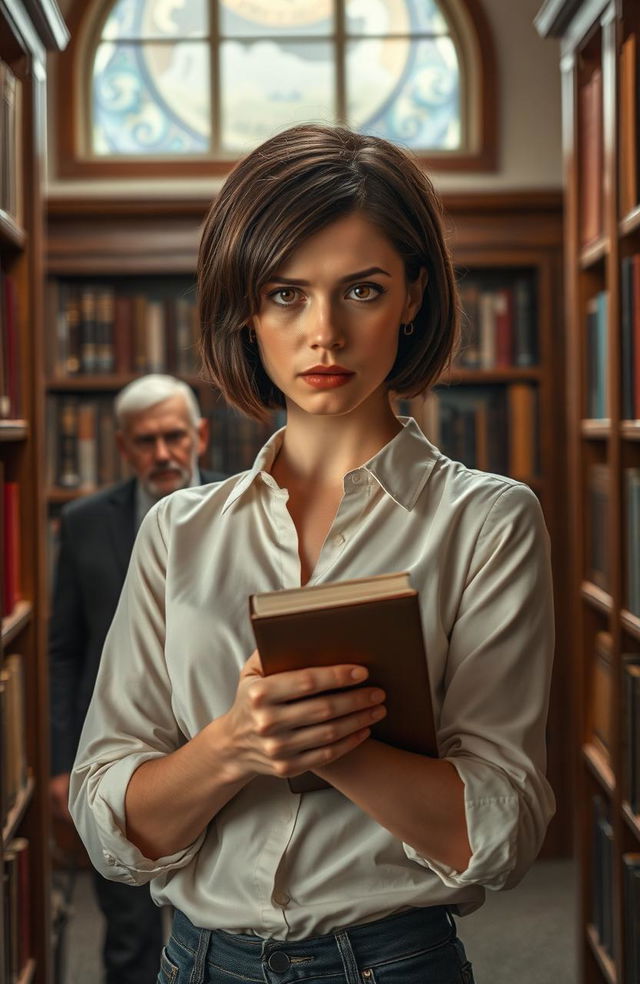 A dramatic scene depicting a young woman named Mary with an assertive demeanor, standing confidently in a cozy library