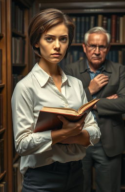 A dramatic scene depicting a young woman named Mary with an assertive demeanor, standing confidently in a cozy library