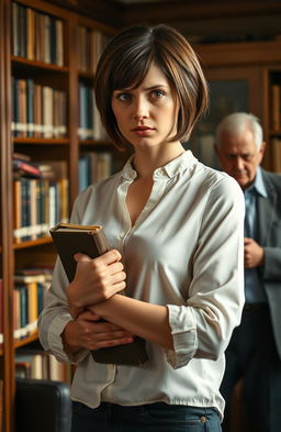A dramatic scene depicting a young woman named Mary with an assertive demeanor, standing confidently in a cozy library
