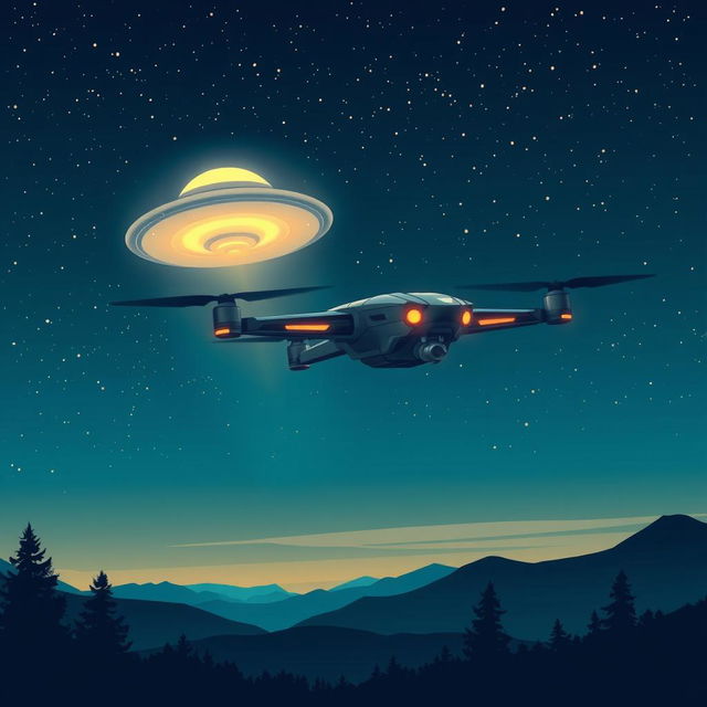 A striking illustration of a futuristic drone soaring through a twilight sky filled with stars, with a mysterious UFO hovering in the background