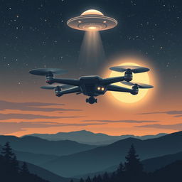 A striking illustration of a futuristic drone soaring through a twilight sky filled with stars, with a mysterious UFO hovering in the background