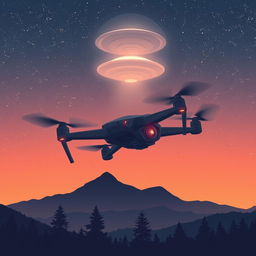 A striking illustration of a futuristic drone soaring through a twilight sky filled with stars, with a mysterious UFO hovering in the background