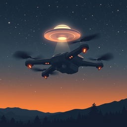 A striking illustration of a futuristic drone soaring through a twilight sky filled with stars, with a mysterious UFO hovering in the background