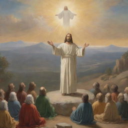 A representation of Christ imparting the Sermon on the Mount, emanating an aura of wisdom and tranquility as he speaks to his followers.