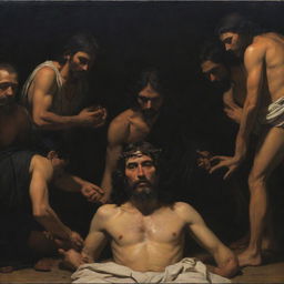 A profound Caravaggio-style tenebrist composition where Christ reveals his wounds to awestruck Mayan people, creating a bridge of shared understanding amid cultural diversity.