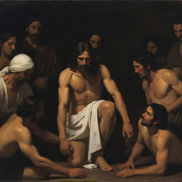 A profound Caravaggio-style tenebrist composition where Christ reveals his wounds to awestruck Mayan people, creating a bridge of shared understanding amid cultural diversity.