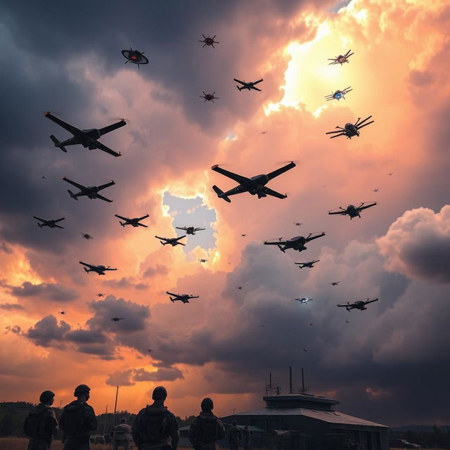 A dramatic scene in the sky featuring an array of military drones and UFOs (OVNIs) engaged in a dynamic aerial display